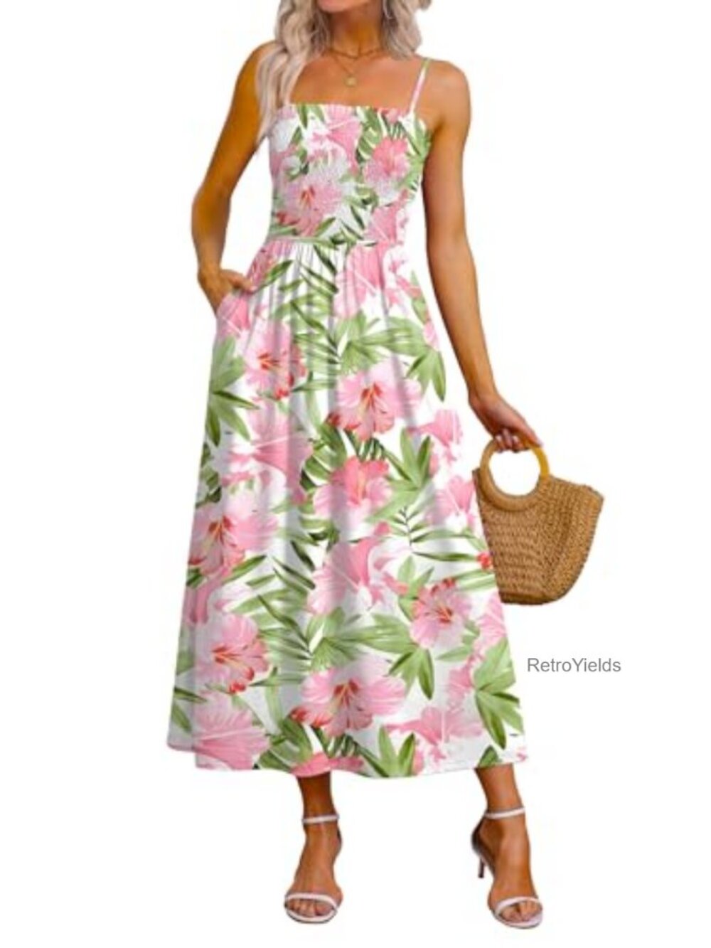 OFEEFAN Spaghetti Strap Maxi Dress Smocked with Pockets Polyester Spandex